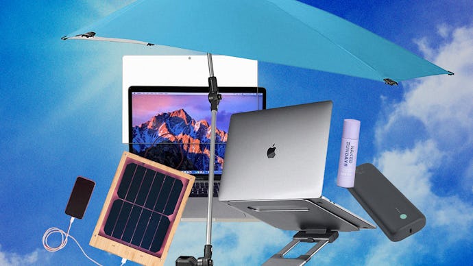A collage with the products that will help you work outside without cursing the sun