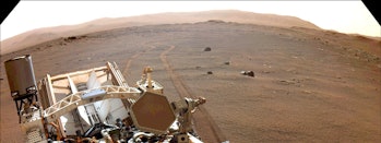 NASA’s Perseverance Mars rover took this image on March 17, 2022. Here it looks back at its wheel tr...
