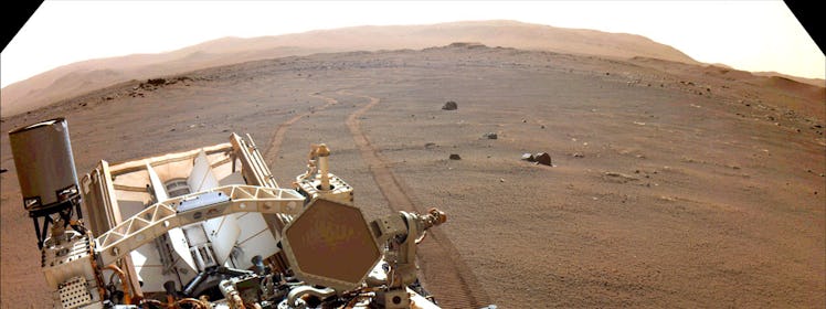 NASA’s Perseverance Mars rover took this image on March 17, 2022. Here it looks back at its wheel tr...