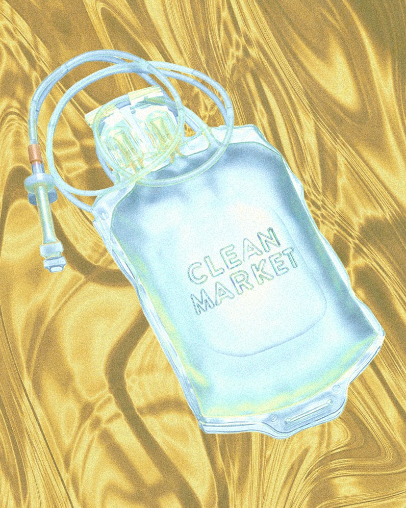 An IV drip with "Clean market" on the front