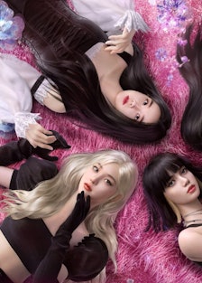 Lisa, Jennie, Rosé, and Jisoo on Blackpink lying on a fuzzy pink carpet