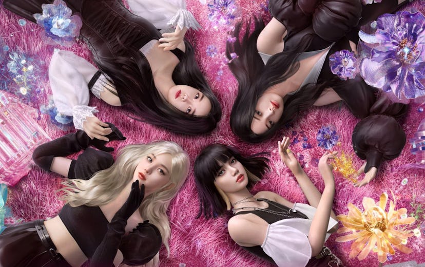 Lisa, Jennie, Rosé, and Jisoo on Blackpink lying on a fuzzy pink carpet