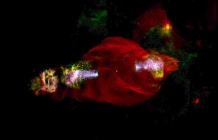 A red cloud of gas in space, with multicolored jets shooting out two ends of it, in the Manatee Nebu...