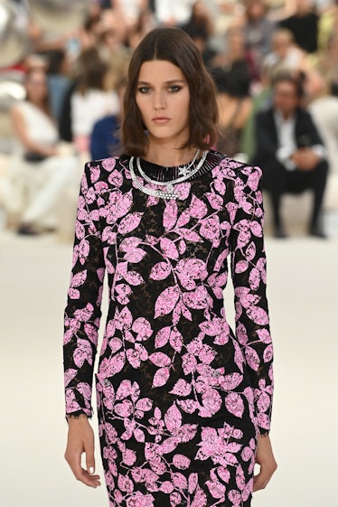  A model walks the runway during the Chanel Haute Couture Fall Winter 2022 2023 show as part of Pari...