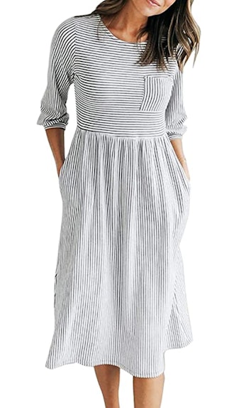 MEROKEETY 3/4 Sleeve Striped High Waist Midi Dress