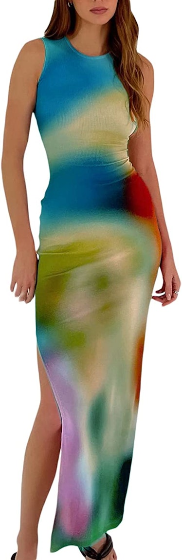 A TikTok viral dupe dress of Kendall Jenner's Loewe Maxi dress.