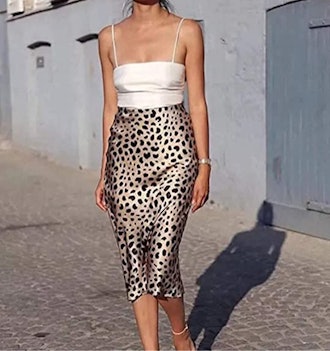 Soowalaoo High Waist Leopard Midi Skirt