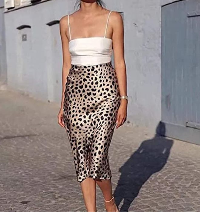 Soowalaoo High Waist Leopard Midi Skirt