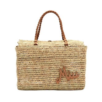 Miu Miu Logo-Appliqué Woven-Raffia Basket Bag