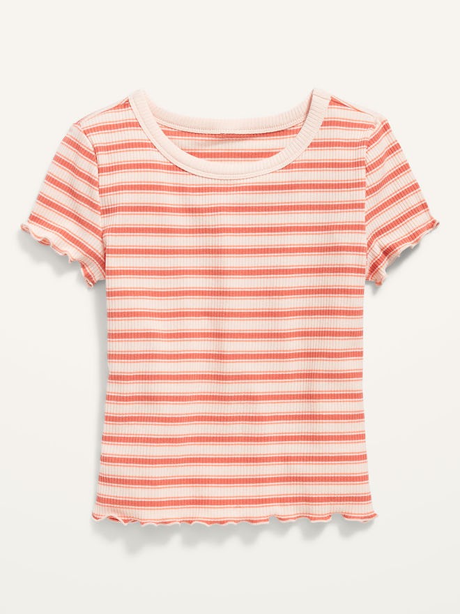 Striped Rib-Knit Lettuce-Edge T-Shirt for Girls