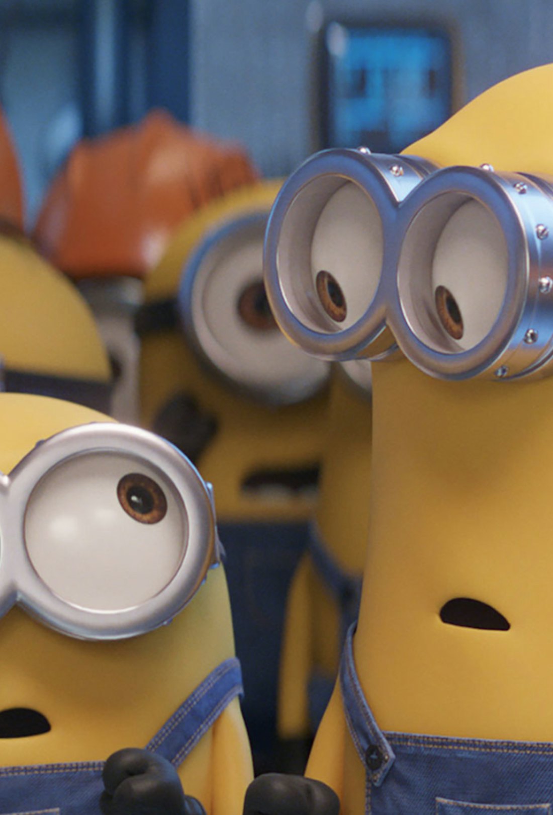 Two minions look at each other in The Rise of Gru.