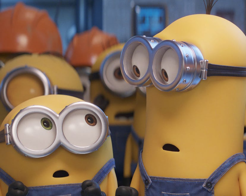 Two minions look at each other in The Rise of Gru.