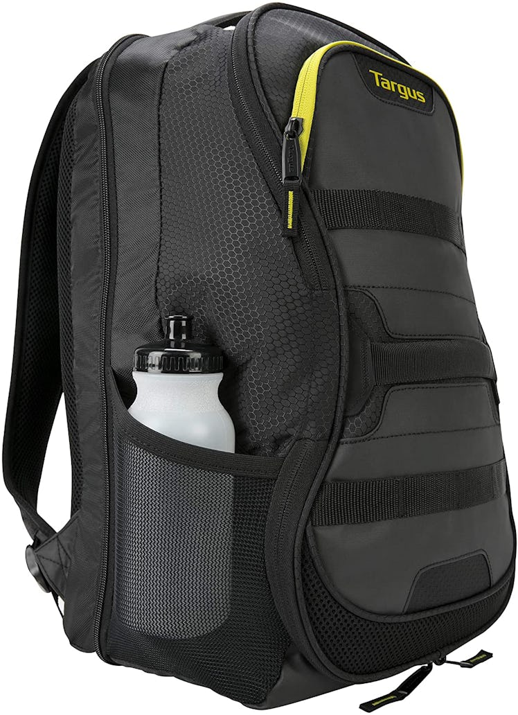 This gym bag with a shoe compartment also has a laptop sleeve and mesh side pockets.