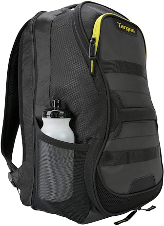 This gym bag with a shoe compartment also has a laptop sleeve and mesh side pockets.