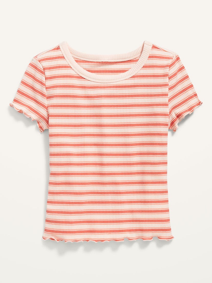 Striped Rib-Knit Lettuce-Edge T-Shirt for Girls