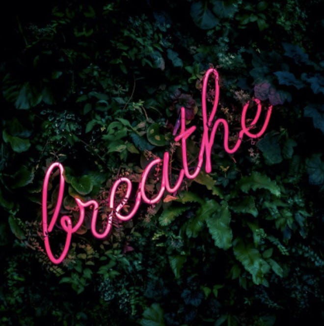 neon breathe sign in cursive over leaves