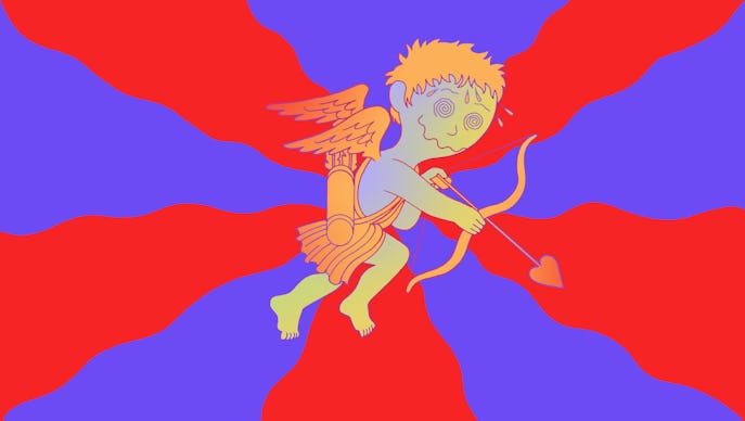 Cupid on psychedelics preparing to shoot an arrow.