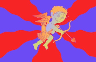 Cupid on psychedelics preparing to shoot an arrow.