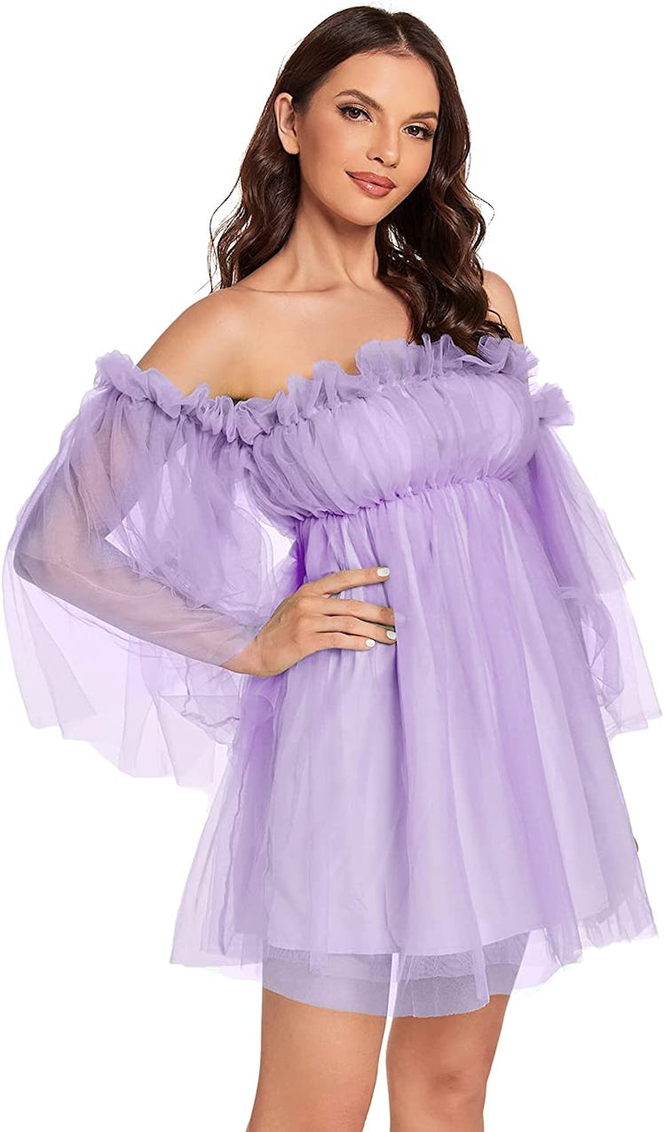 Romwe's Flounce Wedding Dress with light purple tulle.