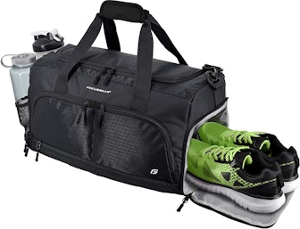 This duffel gym bag with a shoe compartment has 10 pockets and two wet bags for sweaty clothes and b...