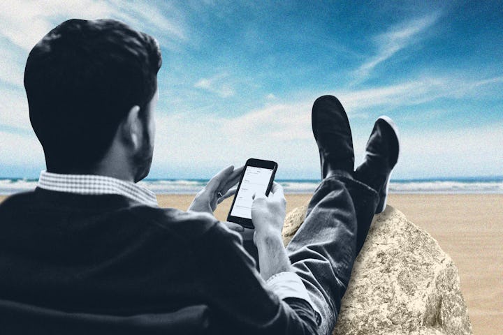 Collage of a man at work sitting in an office chair while on a beach