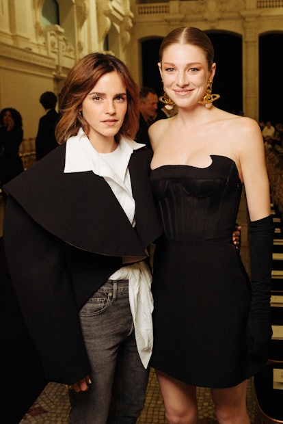 Hunter Schafer and Emma Watson before the Schiaperelli show in Paris