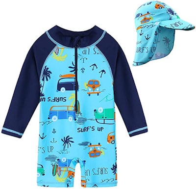 Toddler swimsuit sets like this ensure your little one is safe in the sun with a hat and long sleeve...