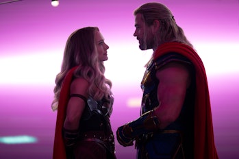 Thor (Chris Hemsworth) and Jane Foster (Natalie Portman) looking at each other in Thor: Love and Thu...