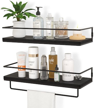 two floating shelves with items atop them