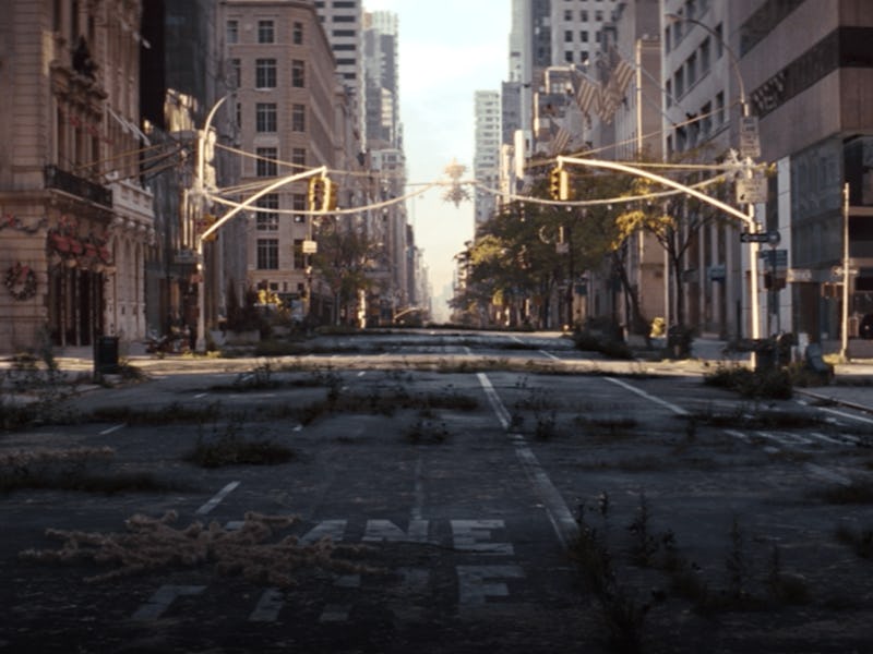 The streets of New York filled with debris post-apocalypse