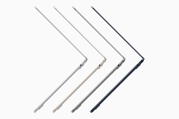 M2 MacBook Air in midnight, starlight, silver, and space gray.