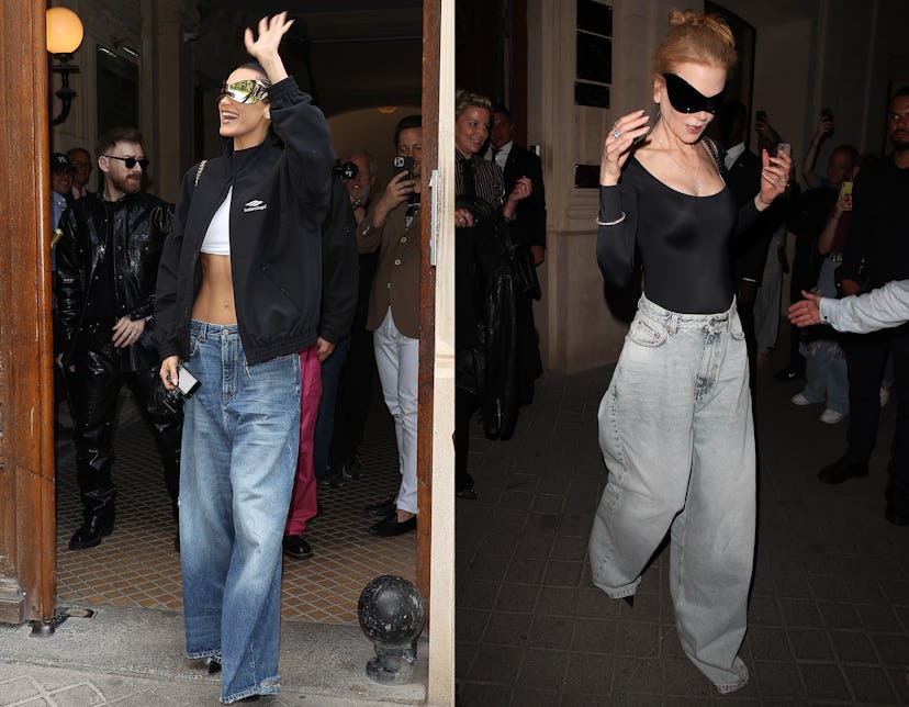 Nicole Kidman and Bella Hadid both wearing oversized Balenciaga jeans