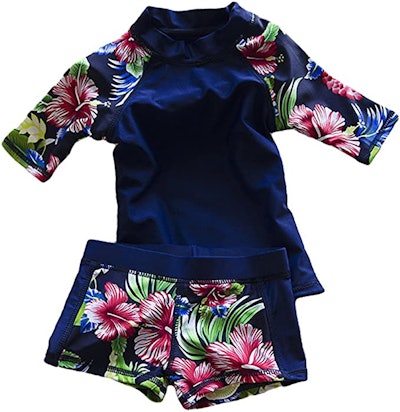 This swimsuit for toddlers has a cute print and UPF 50.