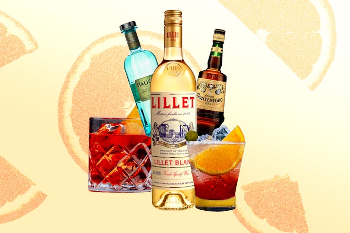 A collage of three bottles and two glasses with aperitivi and aperitifs with a lemon print backgroun...