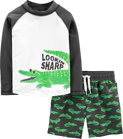 If you want a toddler swimsuit with rash guard and trunks, this alligator print is a cute option.