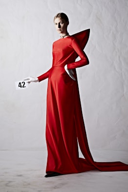 A model in a red dress