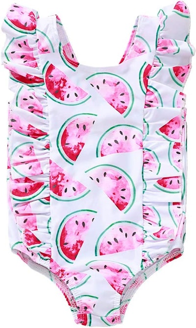 What's cuter than a toddler swimsuit with ruffles and a watermelon print for summer?