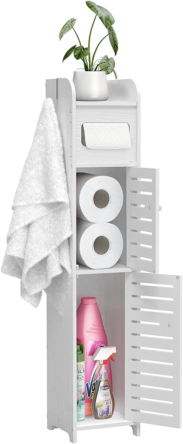 bathroom storage cabinet with toilet paper and other items inside