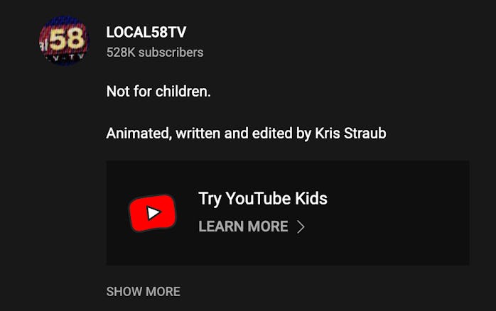 Screenshot of Local 58 YouTube video's 'Not for children' description accompanied by an ad for YouTu...