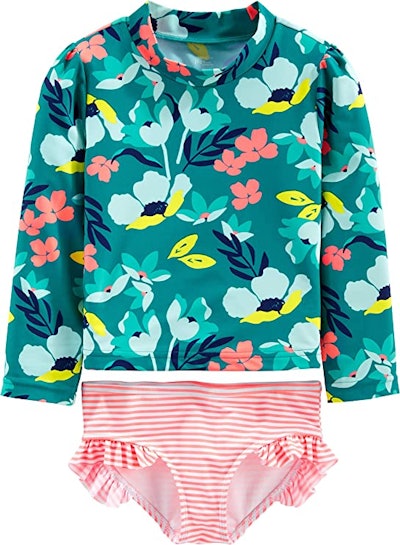 This swimsuit for toddler girls mixes florals and stripes for a cute beach look.