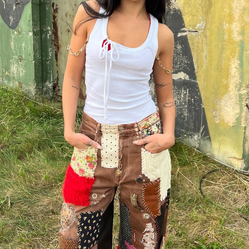 dua lipa wearing patchwork pants