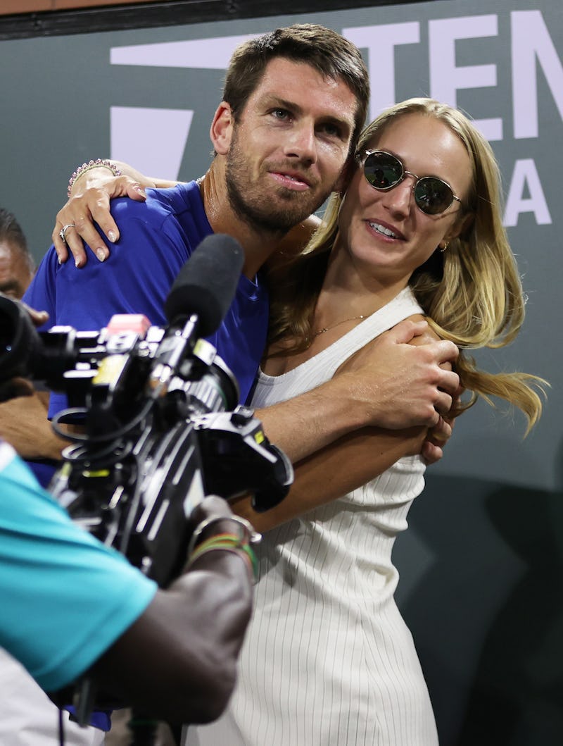 Wimbledon tennis pro Cameron Norrie and his girlfriend, Louise Jacobi, celebrating his match win in ...