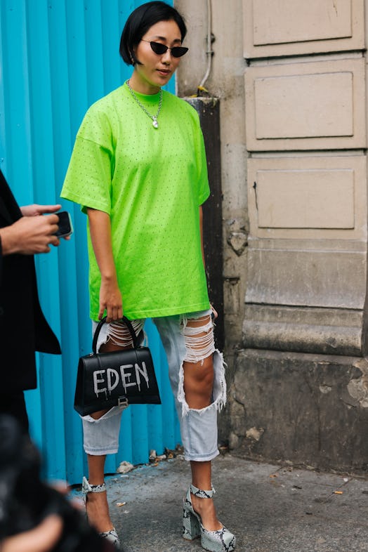 neon green t-shirt couture week street style 2022