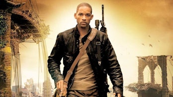 Protagonist of I Am Legend walking against a post-apocalyptic backdrop