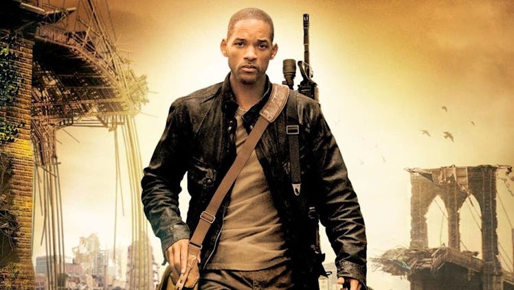 Protagonist of I Am Legend, Will Smith walking against a post-apocalyptic backdrop