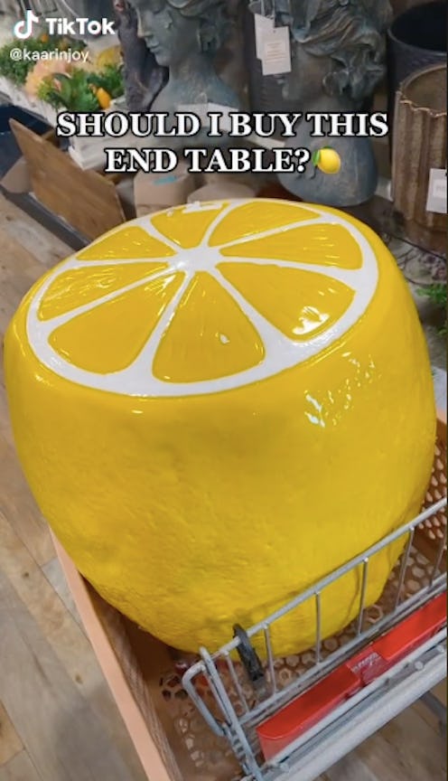 A screenshot from a tiktok about the viral homegoods lemon stool.