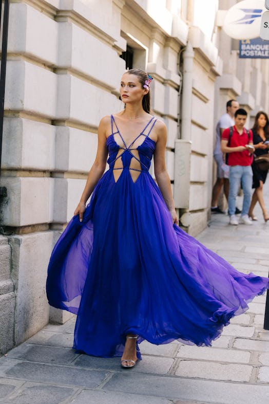 purple gown street style couture week 2022