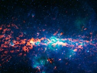 Brightly-colored composite image of the center of the Milky Way galaxy, including the molecular clou...