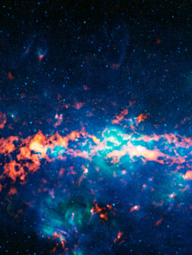 Brightly-colored composite image of the center of the Milky Way galaxy, including the molecular clou...