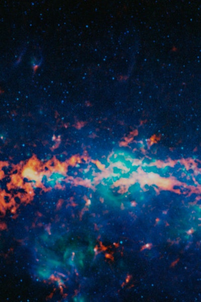 Brightly-colored composite image of the center of the Milky Way galaxy, including the molecular clou...